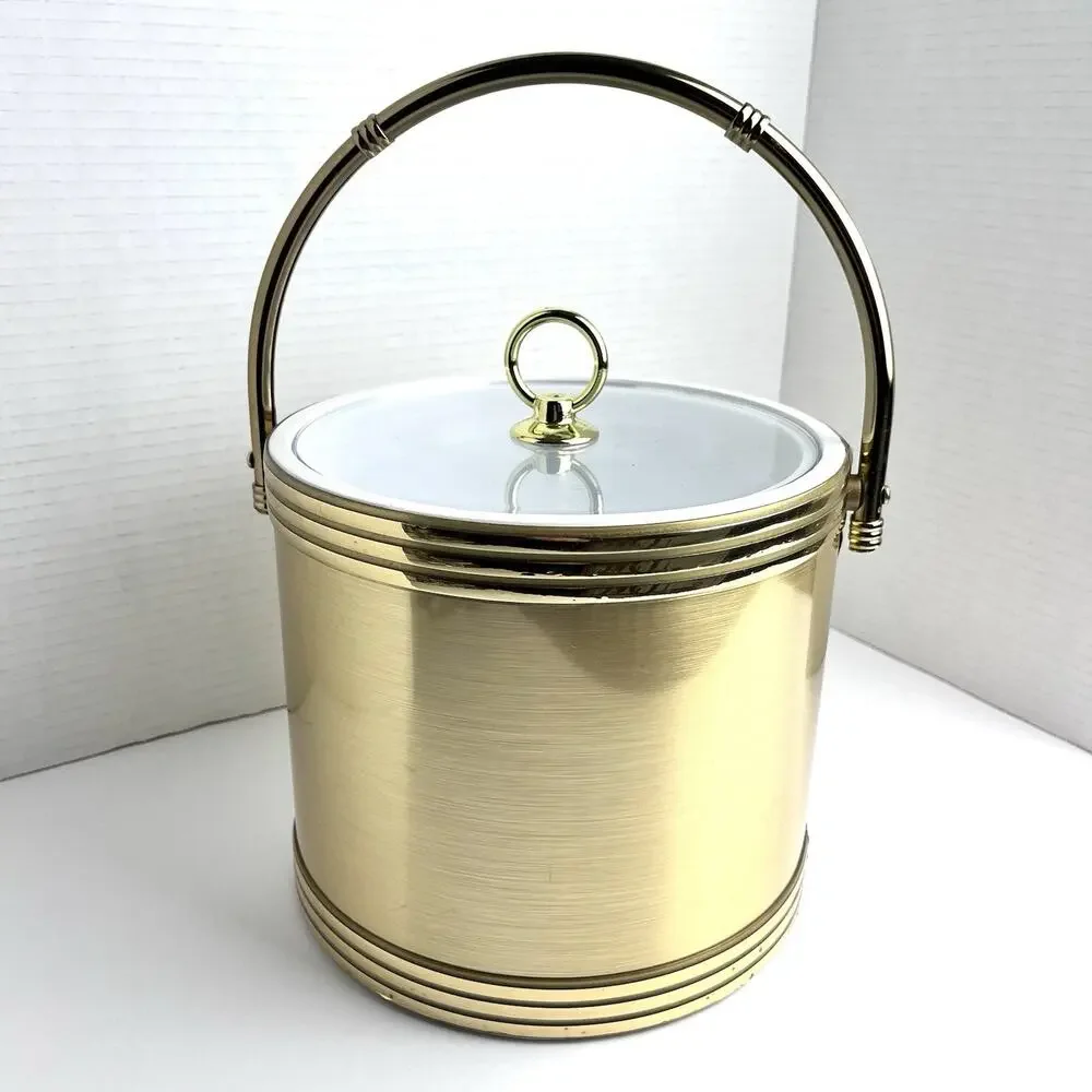 VTG Shelton Designs Brushed Gold Insulated Ice Bucket Metal Handle Lucite Lid US